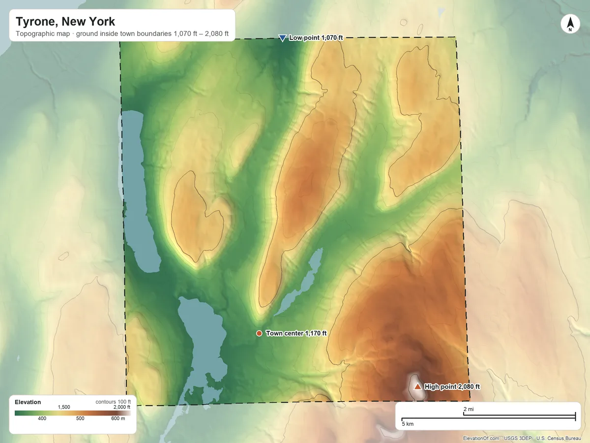 Topographic elevation map of Tyrone, New York, shaded from 1,070 ft on the north side to 2,080 ft on the east side
