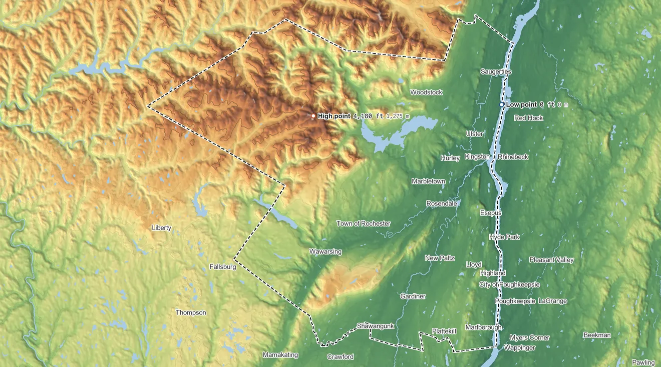 Topographic elevation map of Ulster County, New York, shaded from sea level on South Bay to 4,180 ft on Slide Mountain