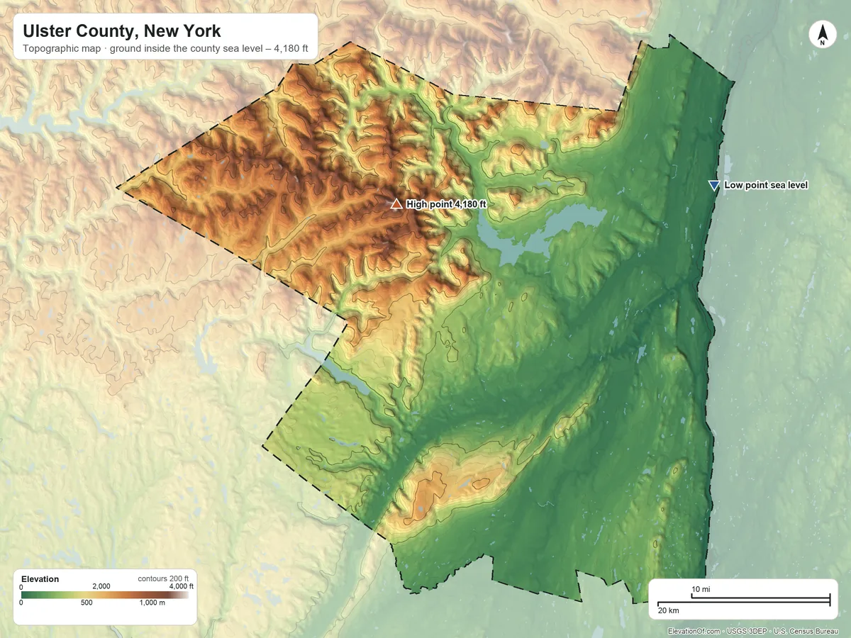 Topographic elevation map of Ulster County, New York, shaded from sea level on South Bay to 4,180 ft on Slide Mountain