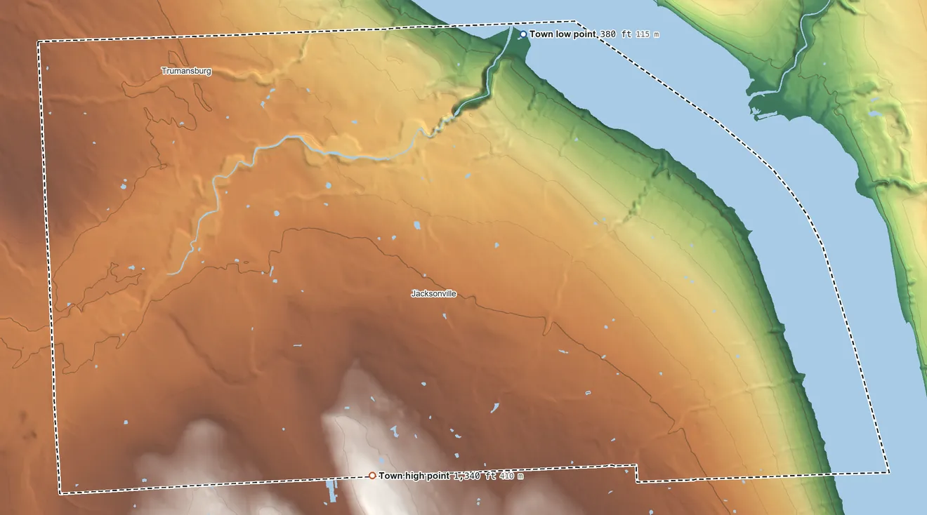 Topographic elevation map of Ulysses, New York, shaded from 380 ft on the northeast side to 1,340 ft on the south side