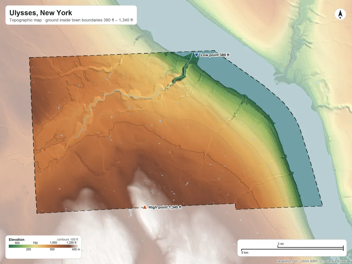 Topographic elevation map of Ulysses, New York, shaded from 380 ft on the northeast side to 1,340 ft on the south side