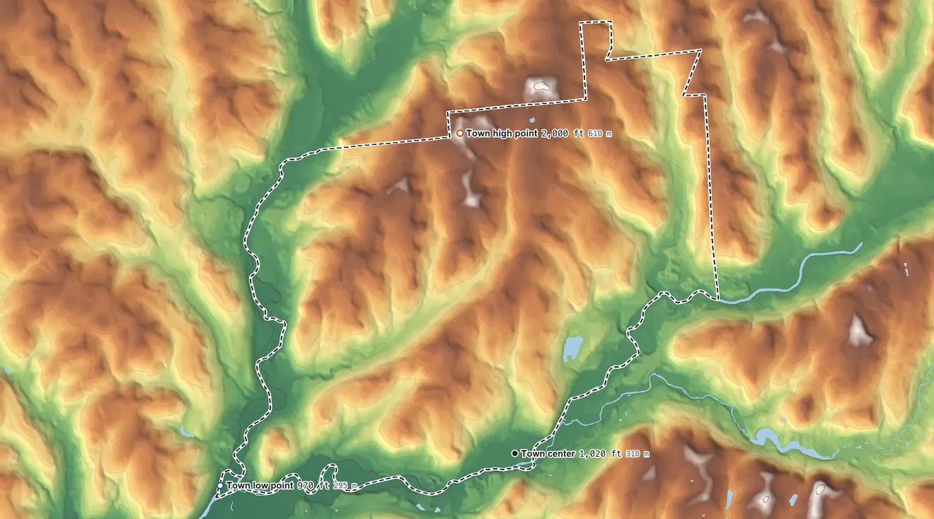 Topographic elevation map of Unadilla, New York, shaded from 970 ft on the west side to 2,000 ft on the north side