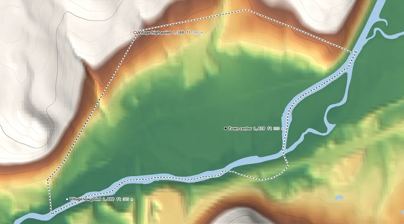 Topographic elevation map of Village of Unadilla, New York, shaded from 1,000 ft on the southwest side to 1,300 ft on the northwest edge, below higher ground just outside