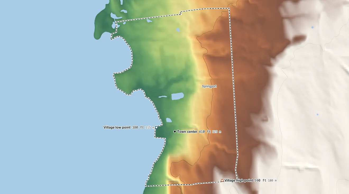 Topographic elevation map of Union Springs, New York, shaded from 380 ft near the middle to 590 ft on the southeast side