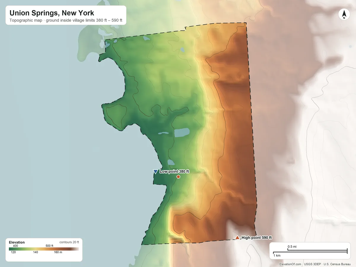 Topographic elevation map of Union Springs, New York, shaded from 380 ft near the middle to 590 ft on the southeast side
