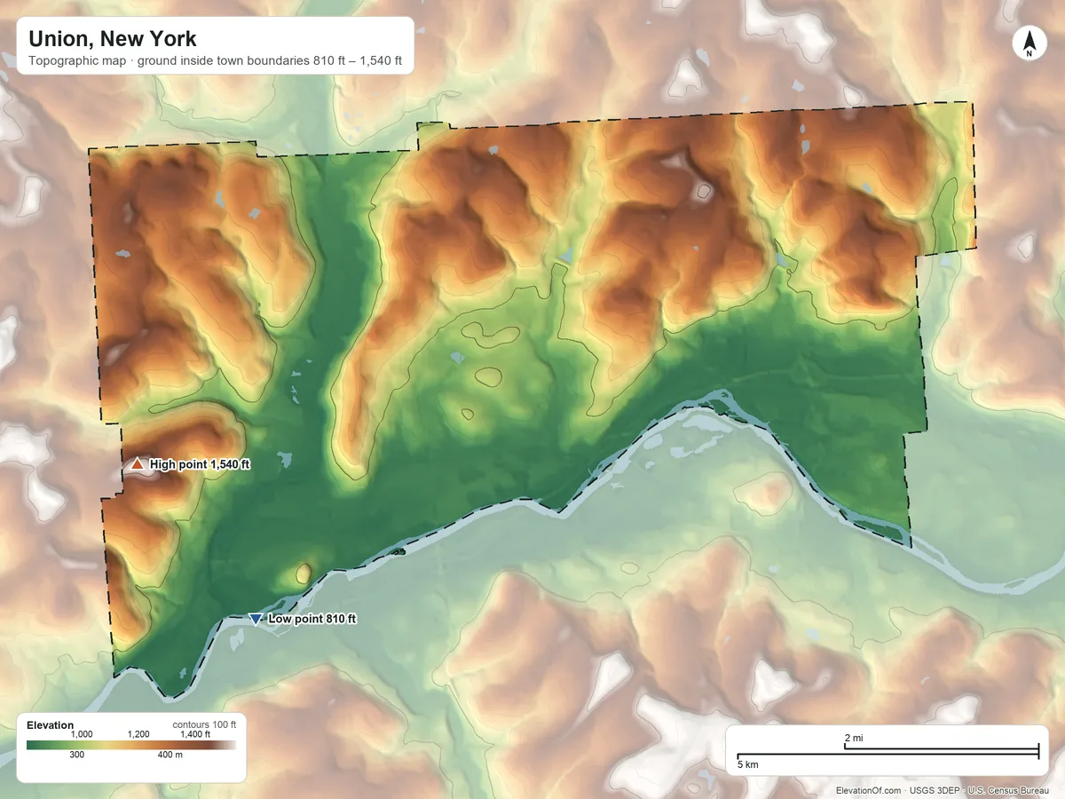 Topographic elevation map of Union, New York, shaded from 810 ft on the southwest side to 1,540 ft on Bornt Hill