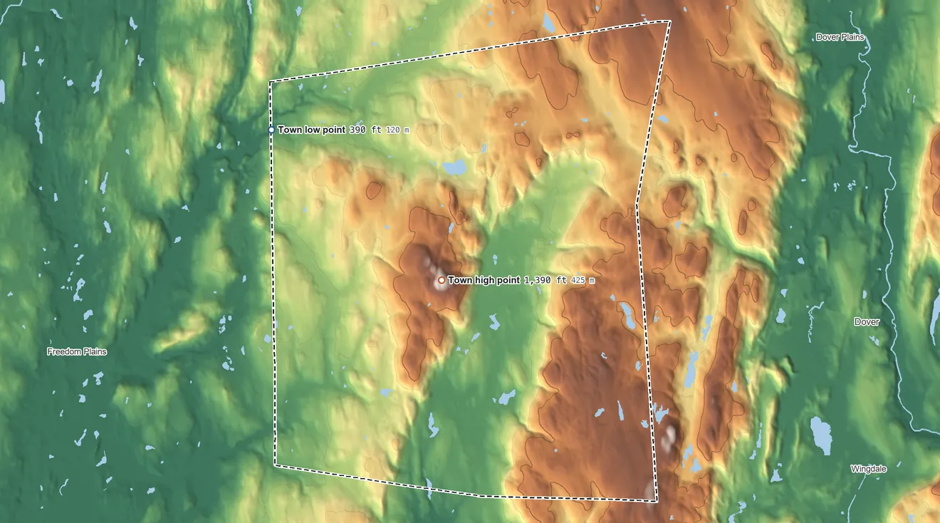 Topographic elevation map of Union Vale, New York, shaded from 390 ft on the northwest side to 1,390 ft on Clove Mountain