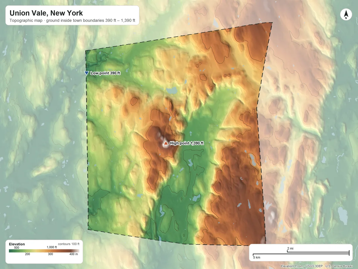 Topographic elevation map of Union Vale, New York, shaded from 390 ft on the northwest side to 1,390 ft on Clove Mountain