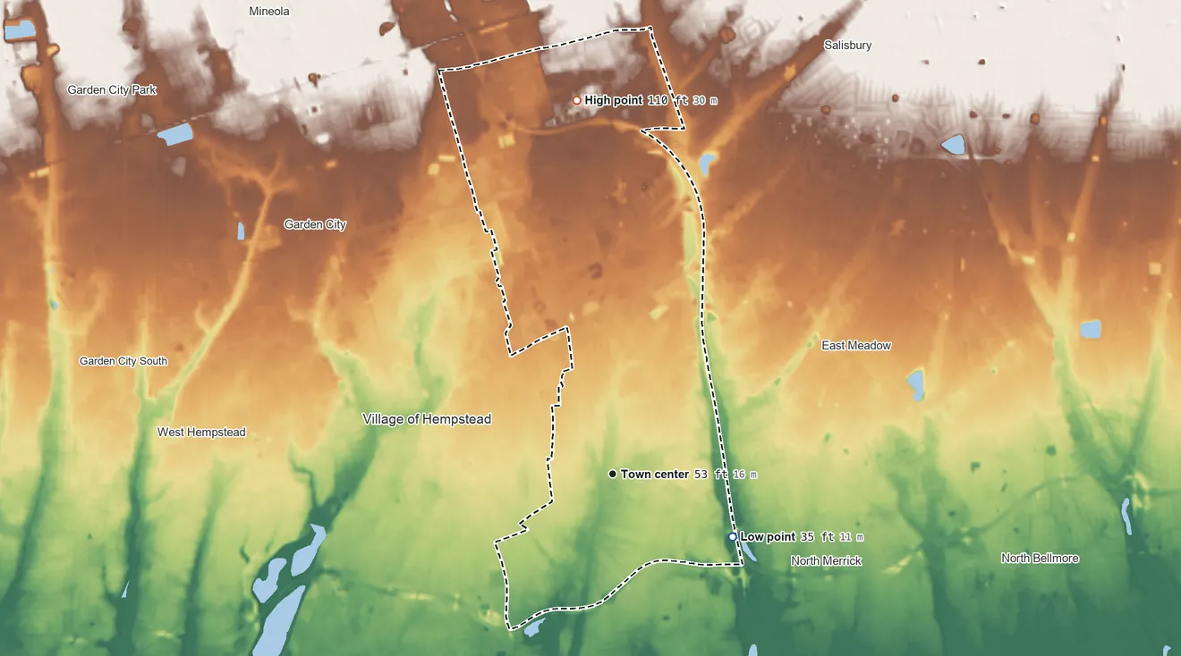 Topographic elevation map of Uniondale, New York, shaded from 35 ft on the southeast side to 110 ft on the north side