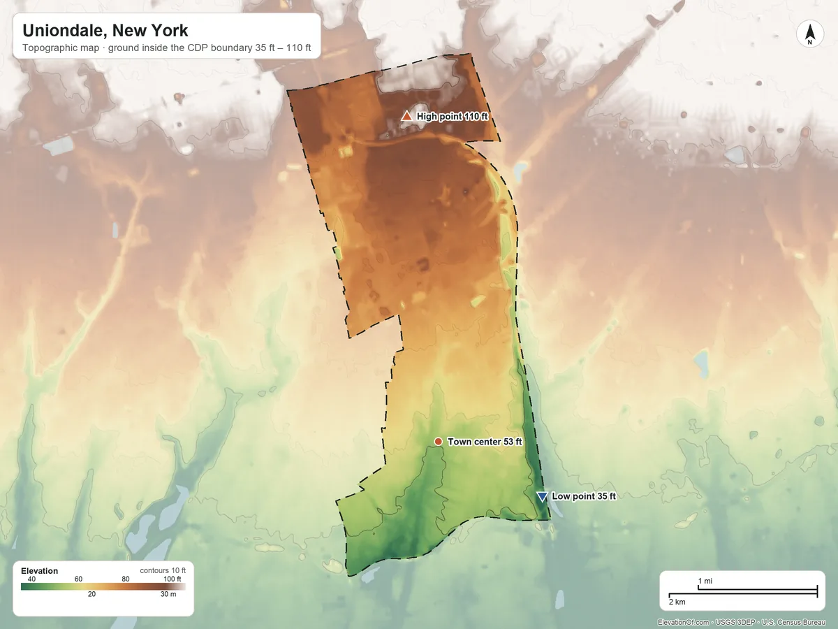 Topographic elevation map of Uniondale, New York, shaded from 35 ft on the southeast side to 110 ft on the north side