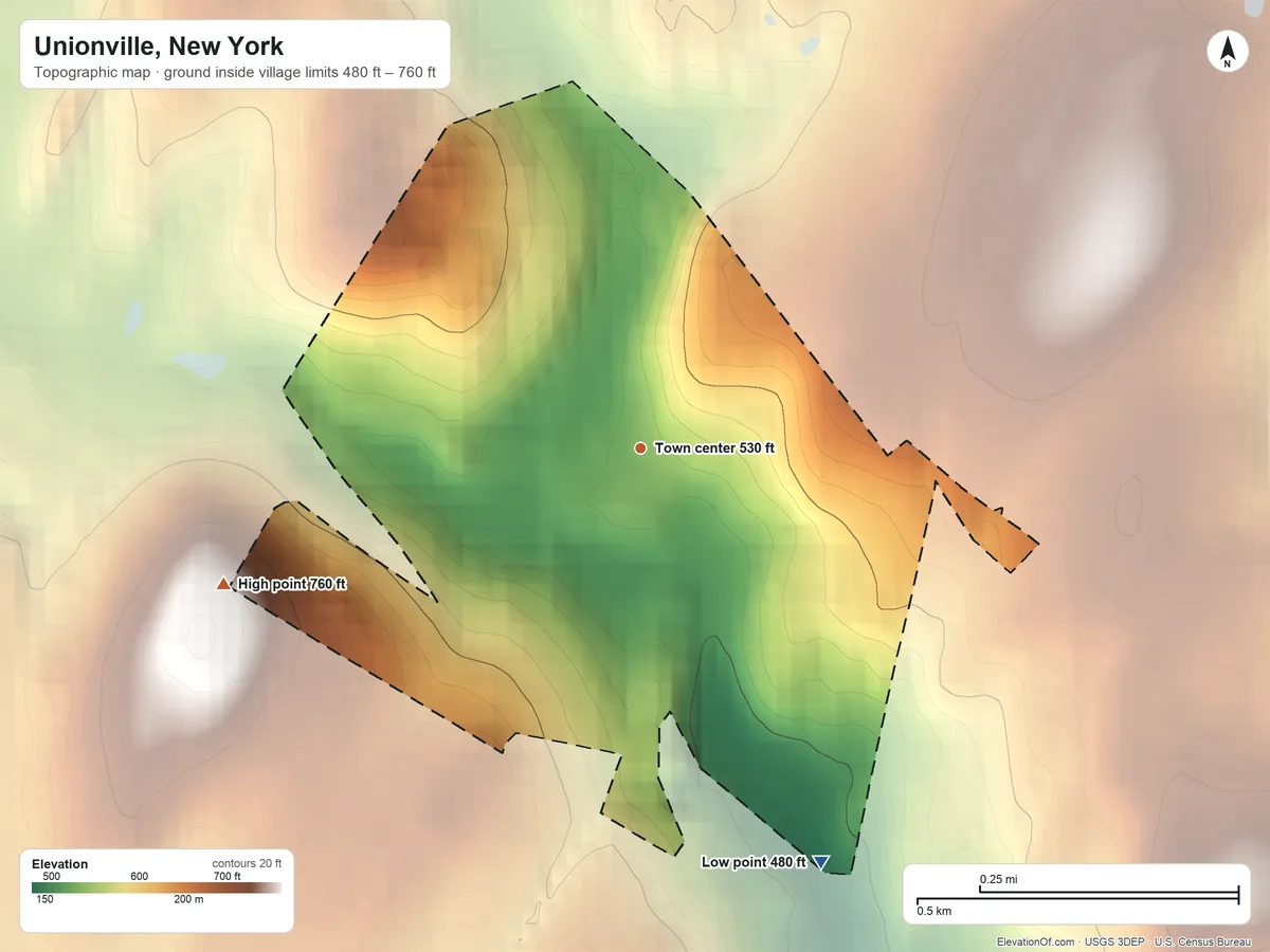 Topographic elevation map of Unionville, New York, shaded from 480 ft on the southeast side to 760 ft on the west side