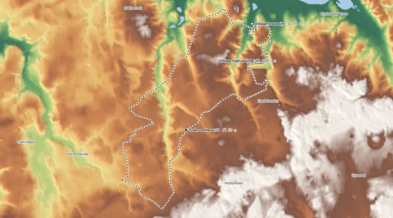 Topographic elevation map of Upper Brookville, New York, shaded from 31 ft on the northeast side to 240 ft on the northeast side