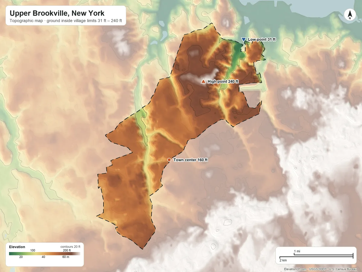 Topographic elevation map of Upper Brookville, New York, shaded from 31 ft on the northeast side to 240 ft on the northeast side