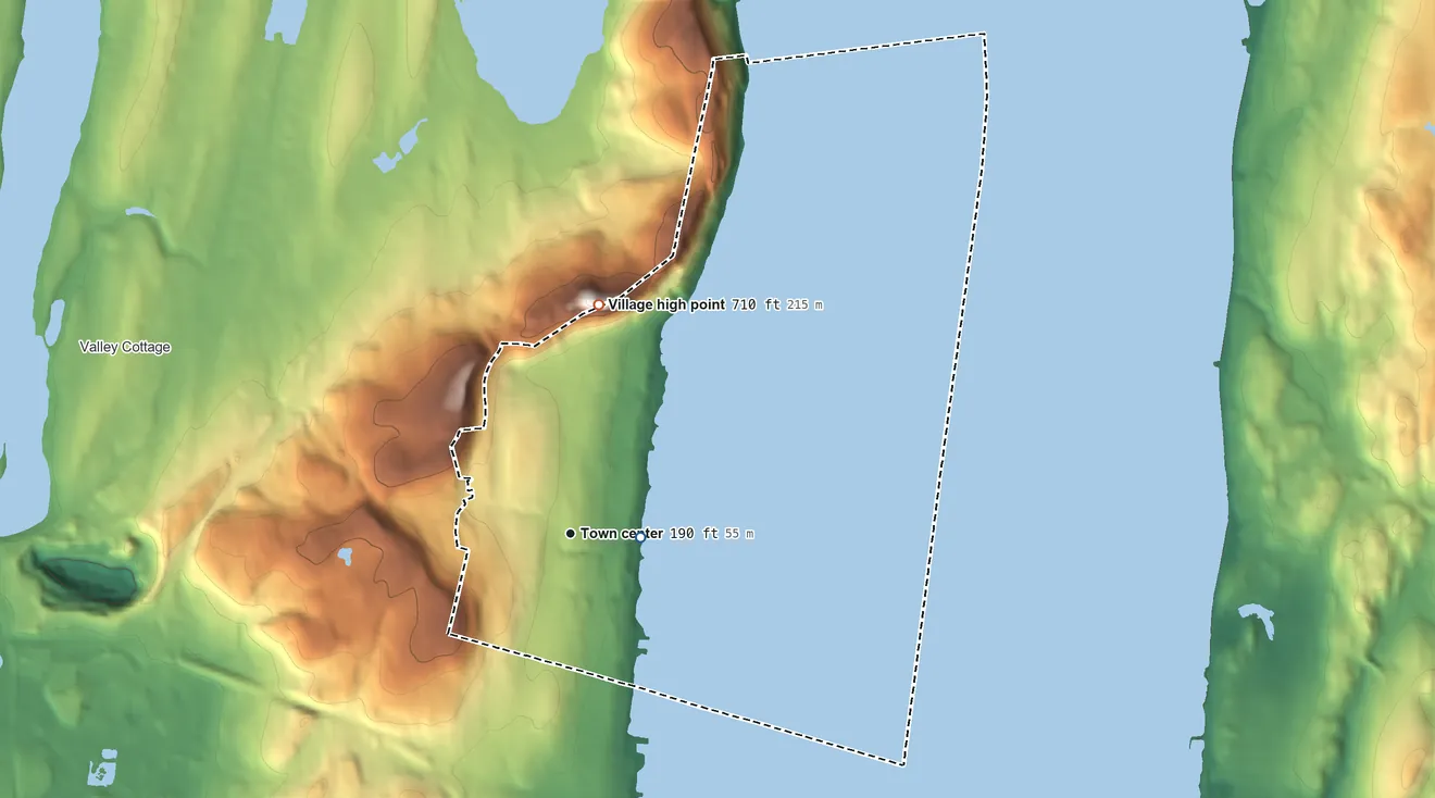 Topographic elevation map of Upper Nyack, New York, shaded from 4 ft near the middle to 710 ft on the north edge, below higher ground just outside