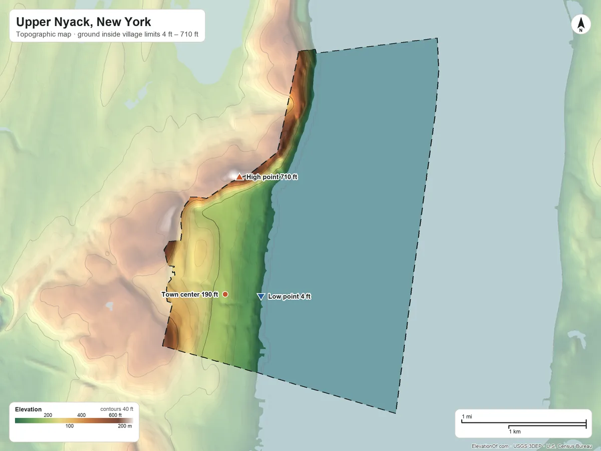 Topographic elevation map of Upper Nyack, New York, shaded from 4 ft near the middle to 710 ft on the north edge, below higher ground just outside