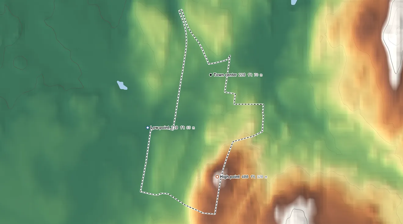 Topographic elevation map of Upper Red Hook, New York, shaded from 210 ft on the southwest side to 400 ft on the south side