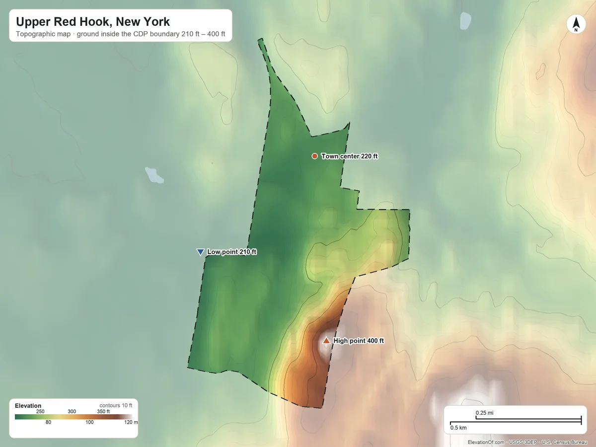 Topographic elevation map of Upper Red Hook, New York, shaded from 210 ft on the southwest side to 400 ft on the south side