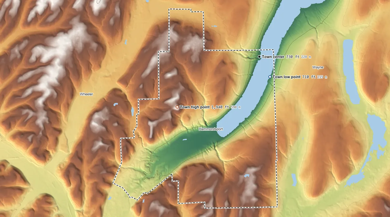 Topographic elevation map of Urbana, New York, shaded from 710 ft near the middle to 1,940 ft on the southwest side