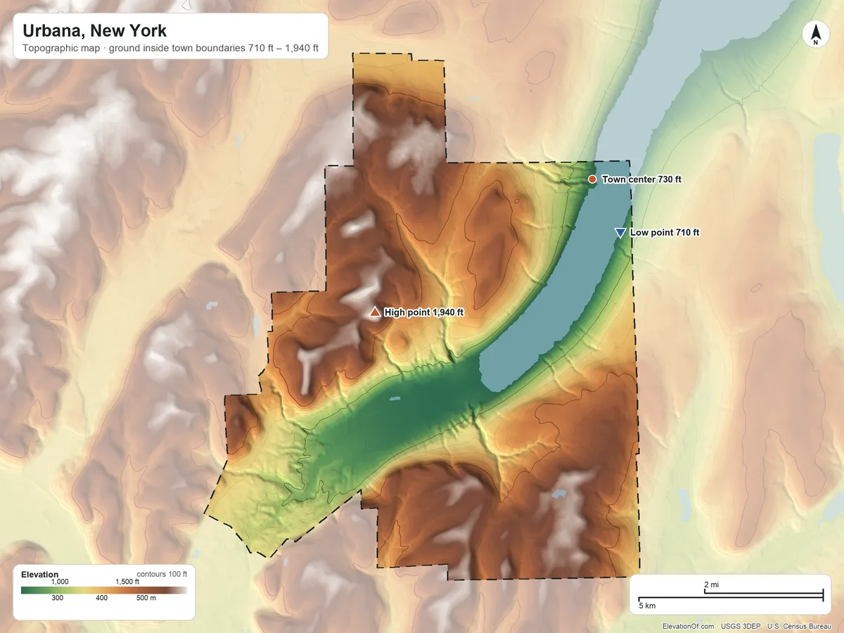 Topographic elevation map of Urbana, New York, shaded from 710 ft near the middle to 1,940 ft on the southwest side
