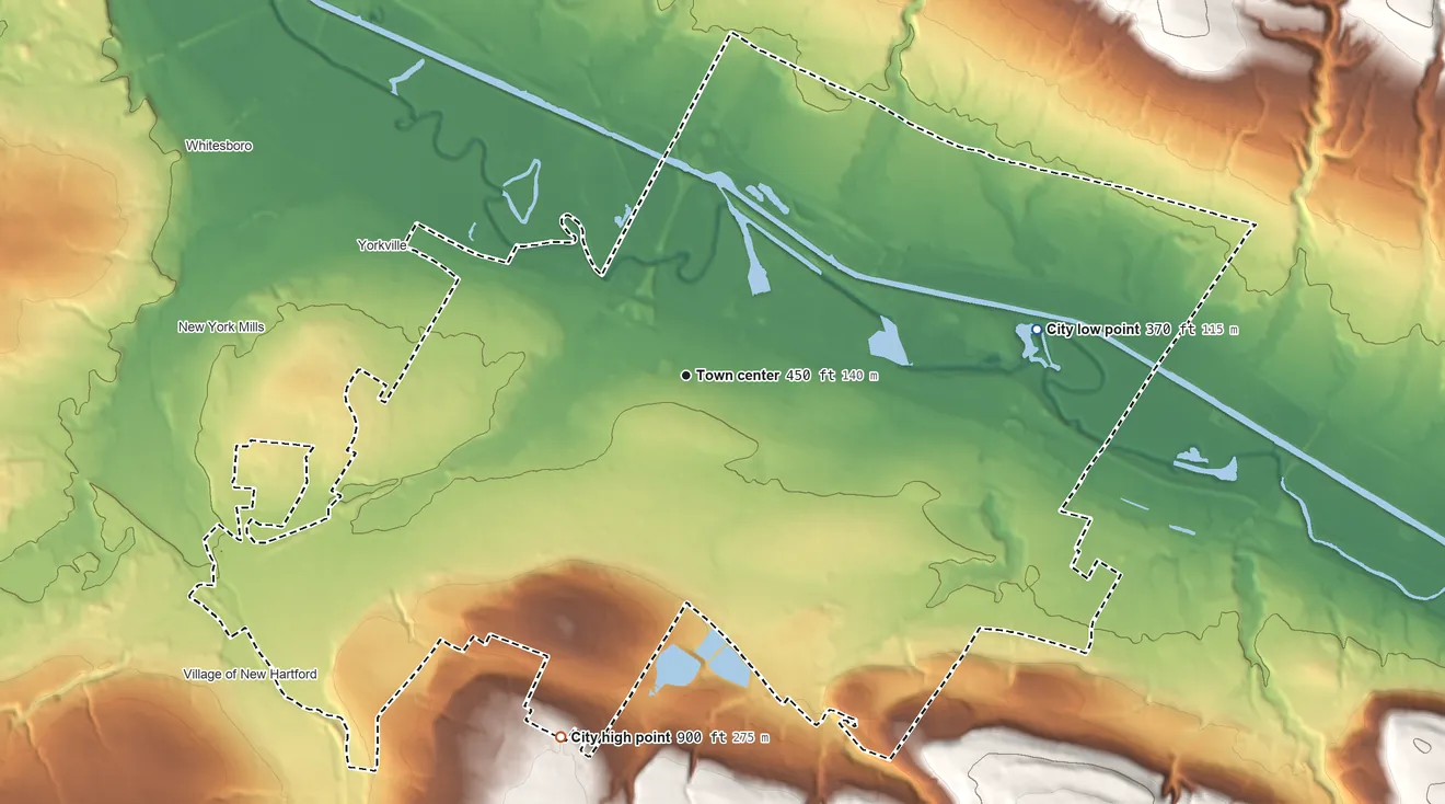 Topographic elevation map of Utica, New York, shaded from 370 ft on the east side to 900 ft on the south side
