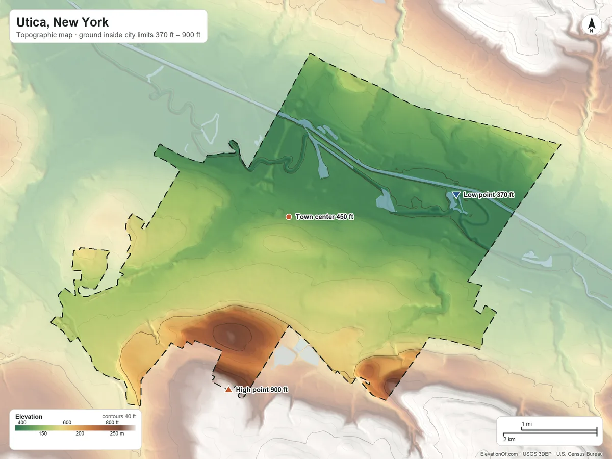 Topographic elevation map of Utica, New York, shaded from 370 ft on the east side to 900 ft on the south side
