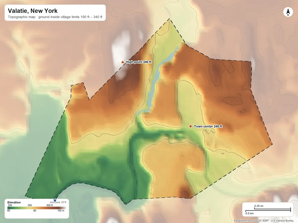 Topographic elevation map of Valatie, New York, shaded from 190 ft on the southwest side to 340 ft on the northwest side