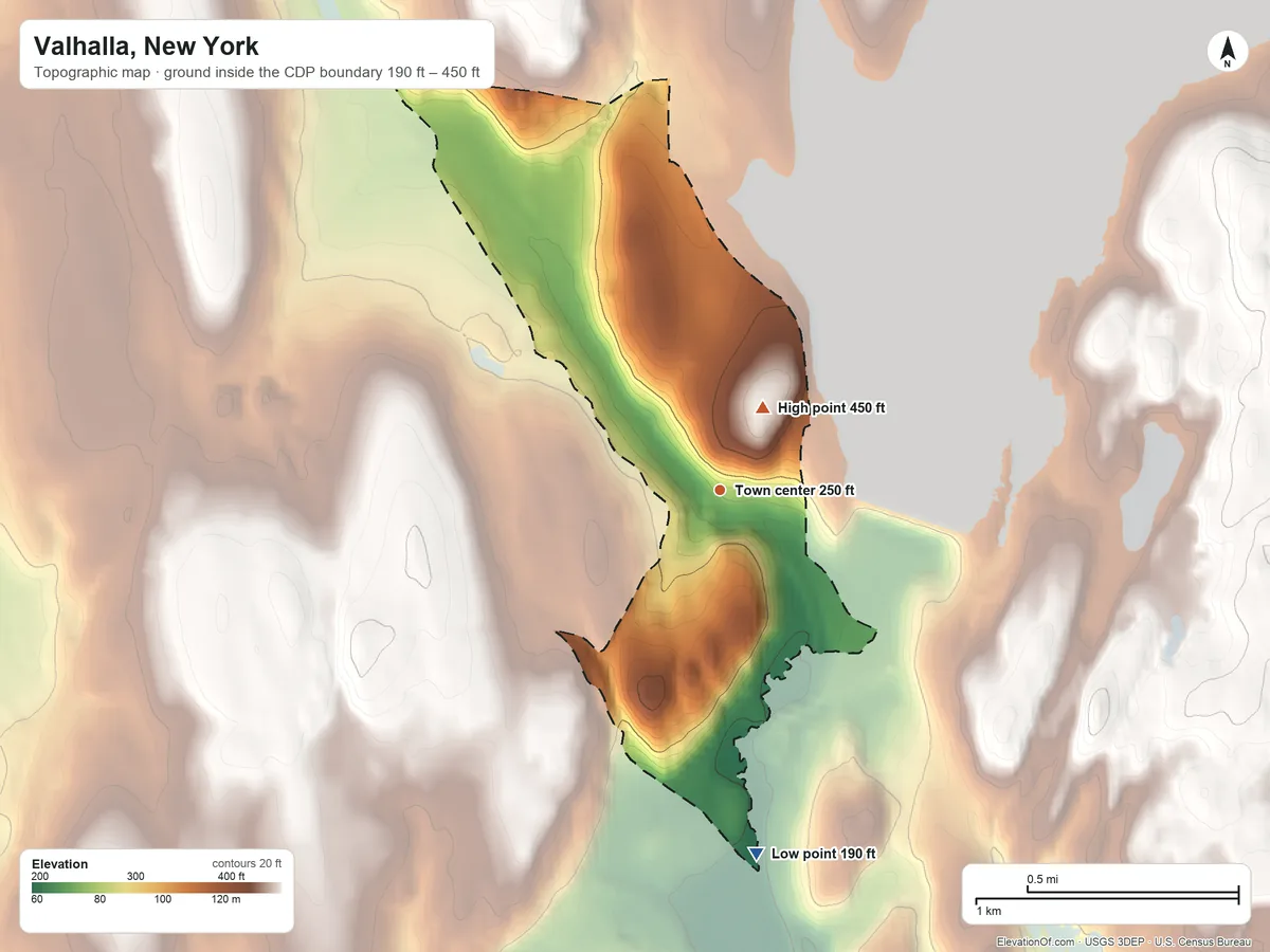 Topographic elevation map of Valhalla, New York, shaded from 190 ft on the south side to 450 ft near the middle