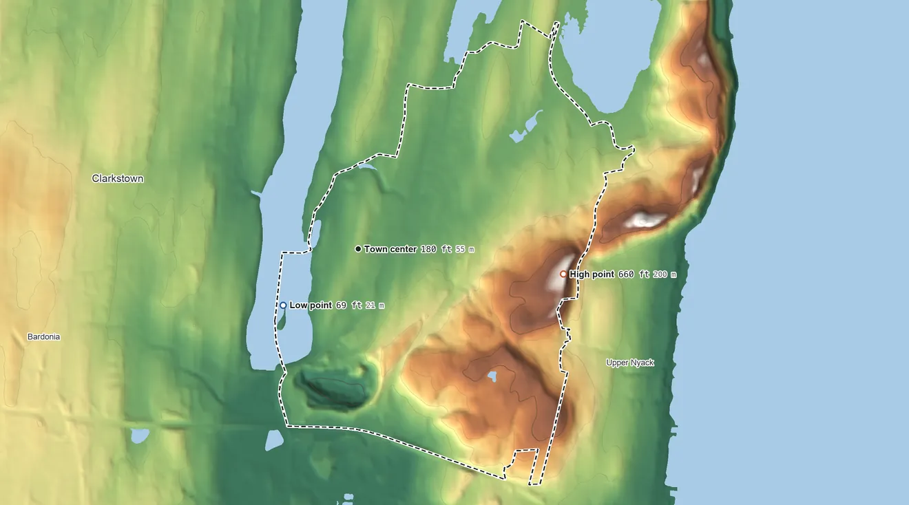 Topographic elevation map of Valley Cottage, New York, shaded from 69 ft on the southwest side to 660 ft on the east side