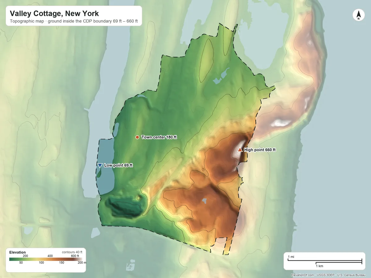 Topographic elevation map of Valley Cottage, New York, shaded from 69 ft on the southwest side to 660 ft on the east side