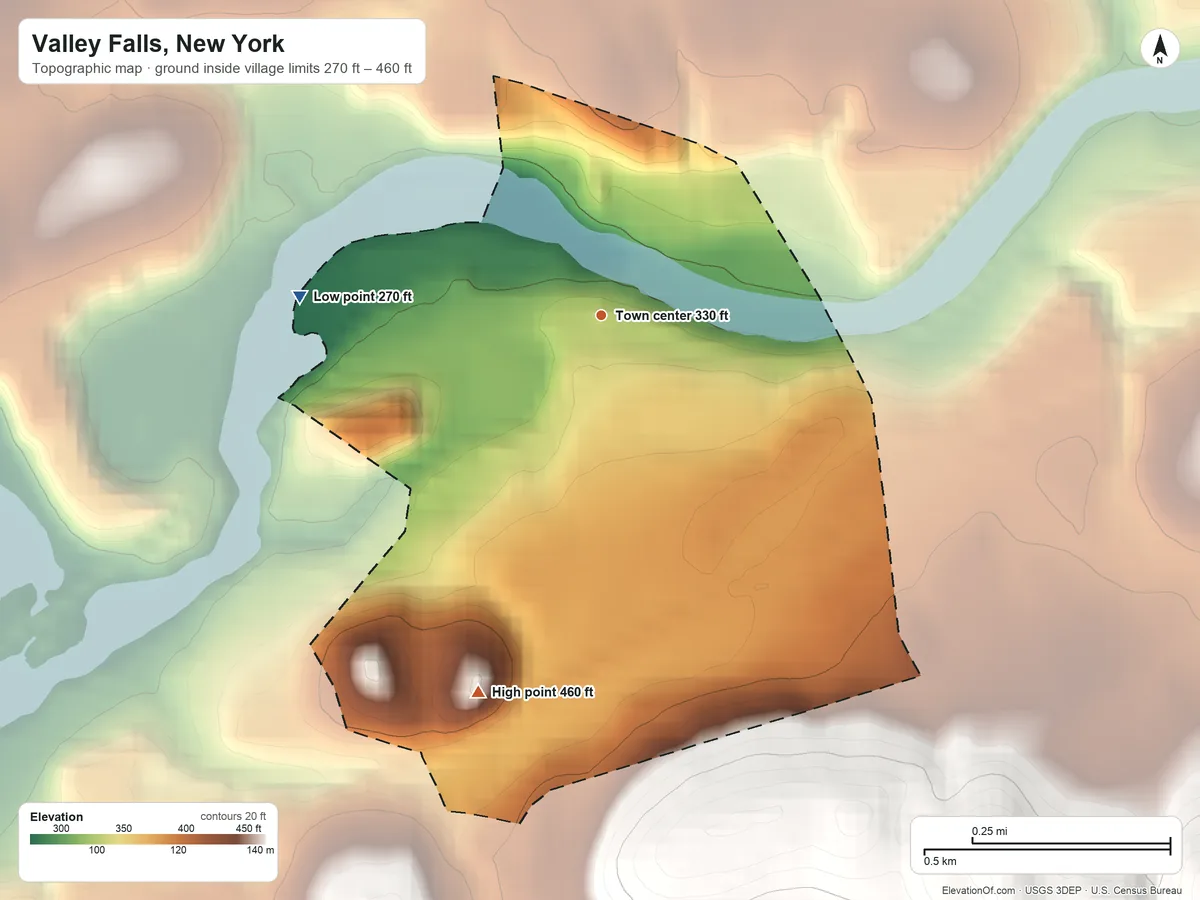 Topographic elevation map of Valley Falls, New York, shaded from 270 ft on the west side to 460 ft on the south side