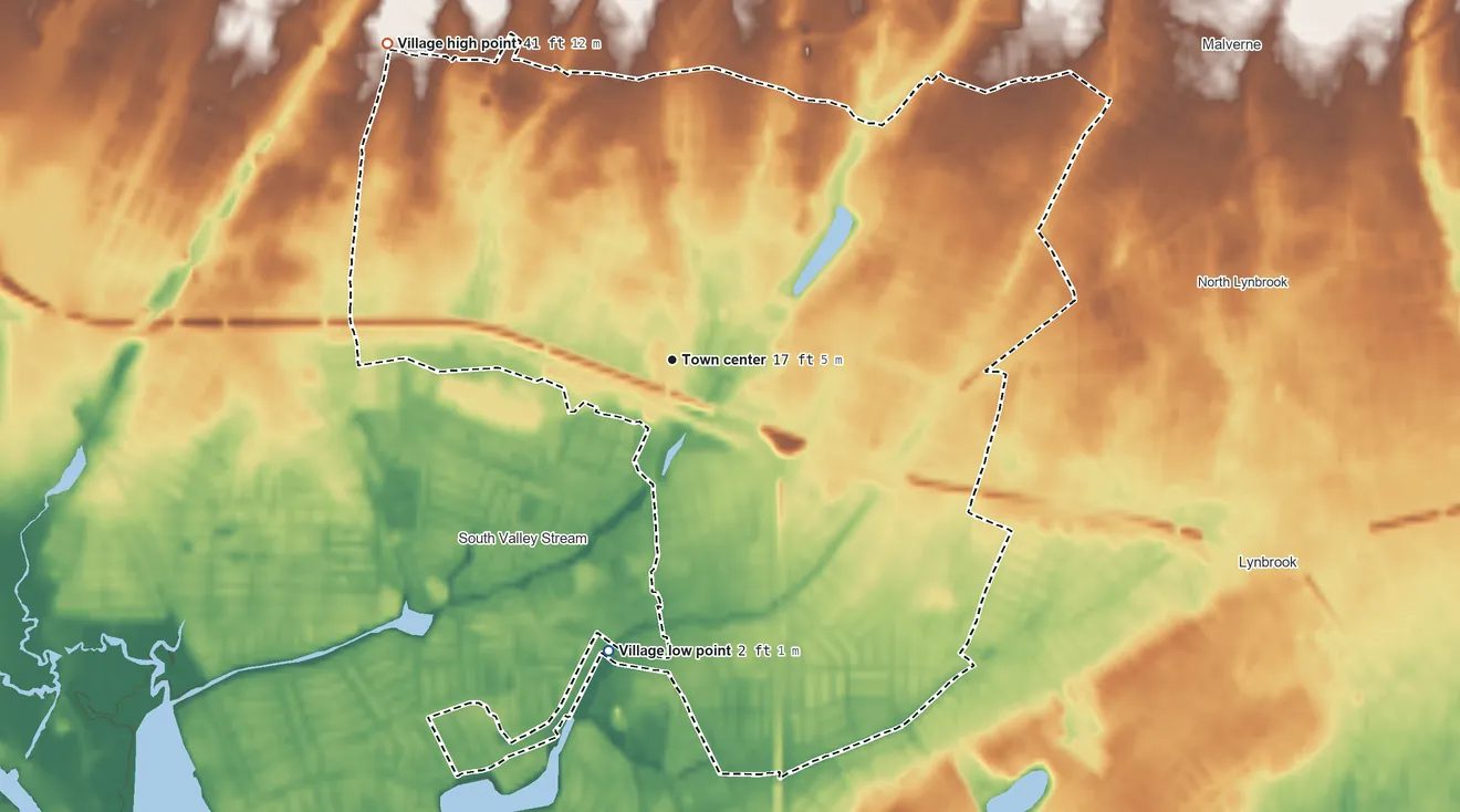 Topographic elevation map of Valley Stream, New York, shaded from 2 ft on the south side to 41 ft on the northwest side