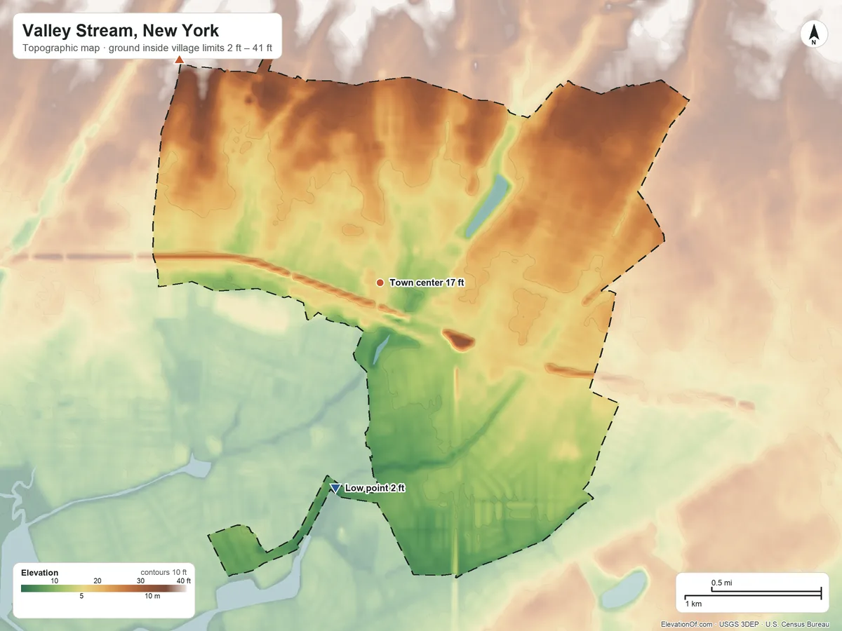 Topographic elevation map of Valley Stream, New York, shaded from 2 ft on the south side to 41 ft on the northwest side