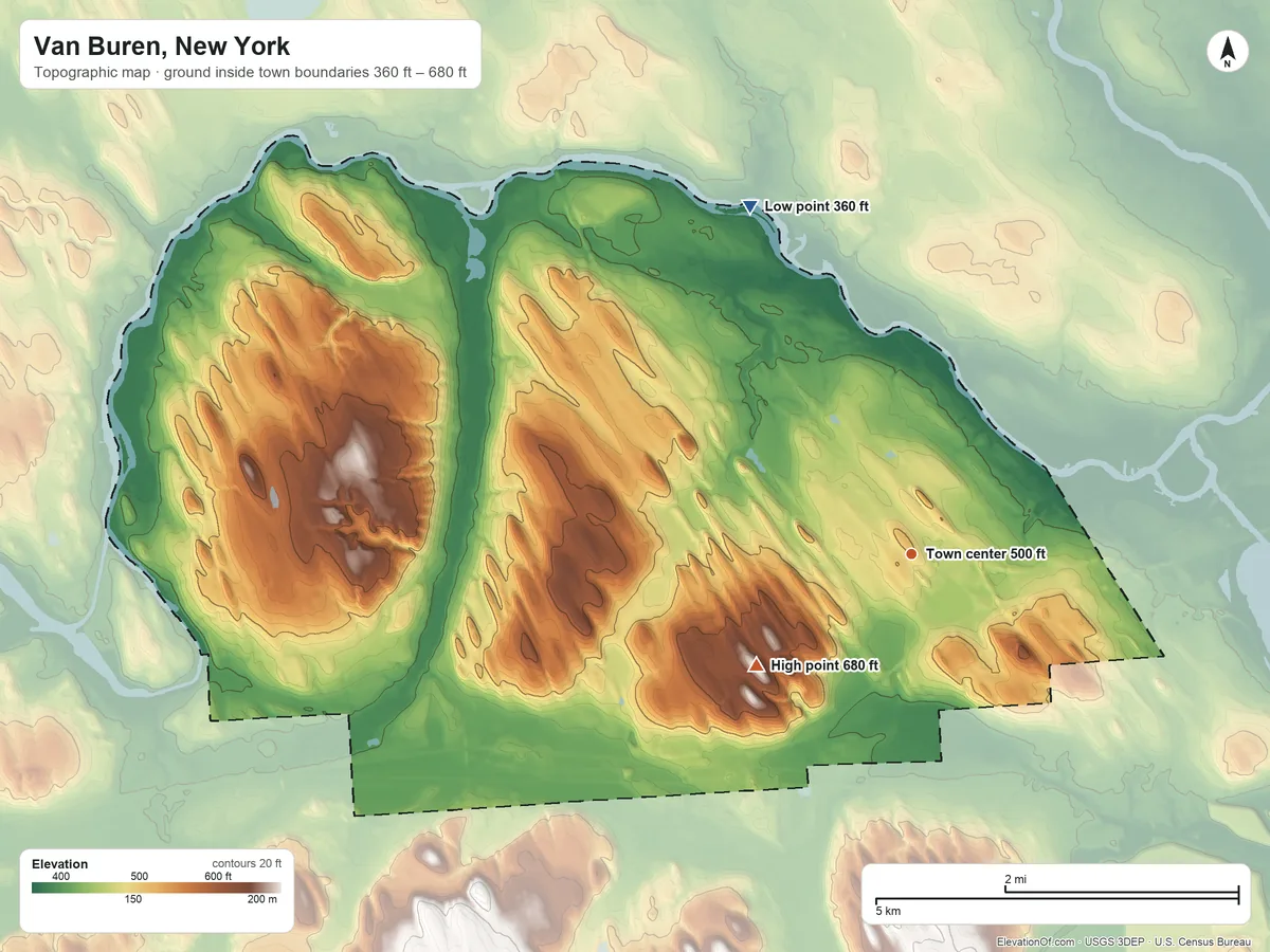 Topographic elevation map of Van Buren, New York, shaded from 360 ft on the northwest side to 680 ft on the southwest side