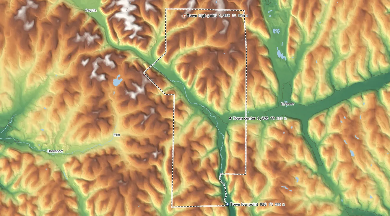 Topographic elevation map of Van Etten, New York, shaded from 920 ft on the south side to 1,870 ft on the northwest side