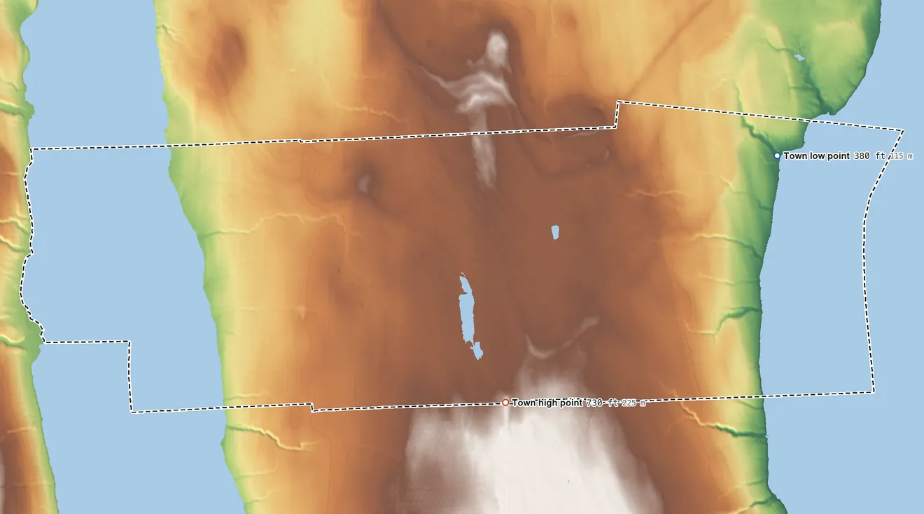 Topographic elevation map of Varick, New York, shaded from 380 ft on the east side to 730 ft on the south side