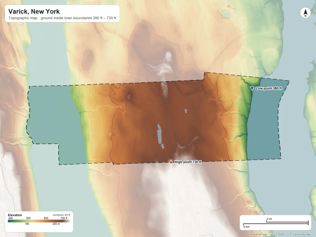 Topographic elevation map of Varick, New York, shaded from 380 ft on the east side to 730 ft on the south side