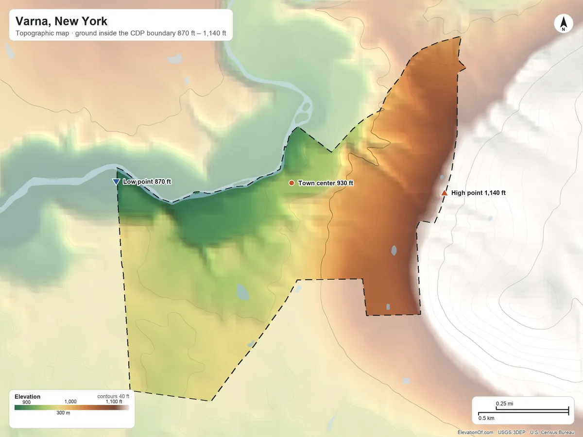 Topographic elevation map of Varna, New York, shaded from 870 ft on the west side to 1,140 ft on the east edge, below higher ground just outside