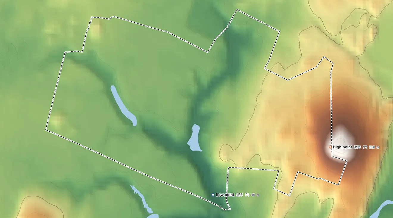 Topographic elevation map of Vassar College, New York, shaded from 120 ft on the southeast side to 350 ft on the southeast edge, below higher ground just outside