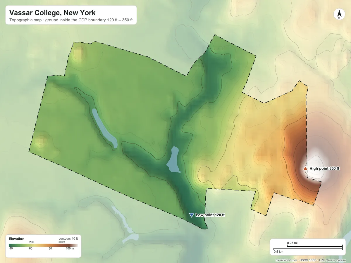 Topographic elevation map of Vassar College, New York, shaded from 120 ft on the southeast side to 350 ft on the southeast edge, below higher ground just outside
