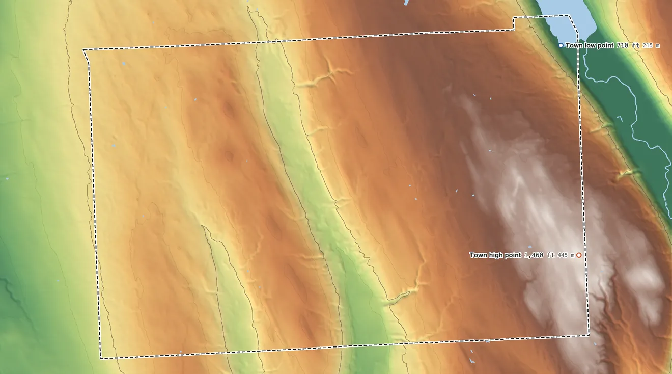 Topographic elevation map of Venice, New York, shaded from 710 ft on the northeast side to 1,460 ft on the east side