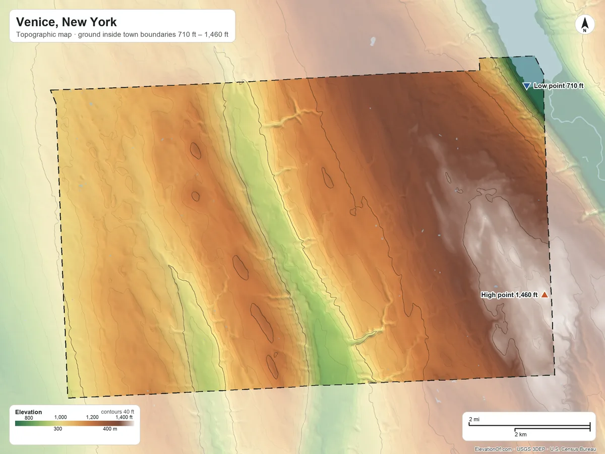 Topographic elevation map of Venice, New York, shaded from 710 ft on the northeast side to 1,460 ft on the east side