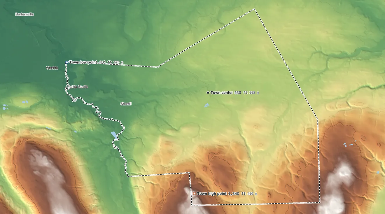 Topographic elevation map of Vernon, New York, shaded from 410 ft on the west side to 1,340 ft on Eaton Hill