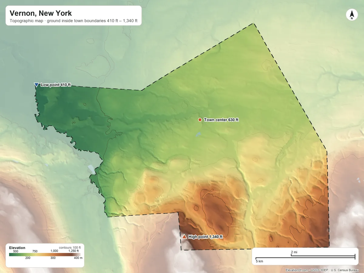 Topographic elevation map of Vernon, New York, shaded from 410 ft on the west side to 1,340 ft on Eaton Hill