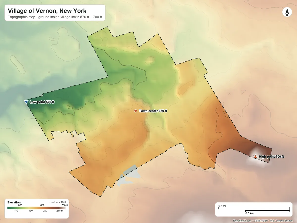 Topographic elevation map of Village of Vernon, New York, shaded from 570 ft on the west side to 700 ft on the east side