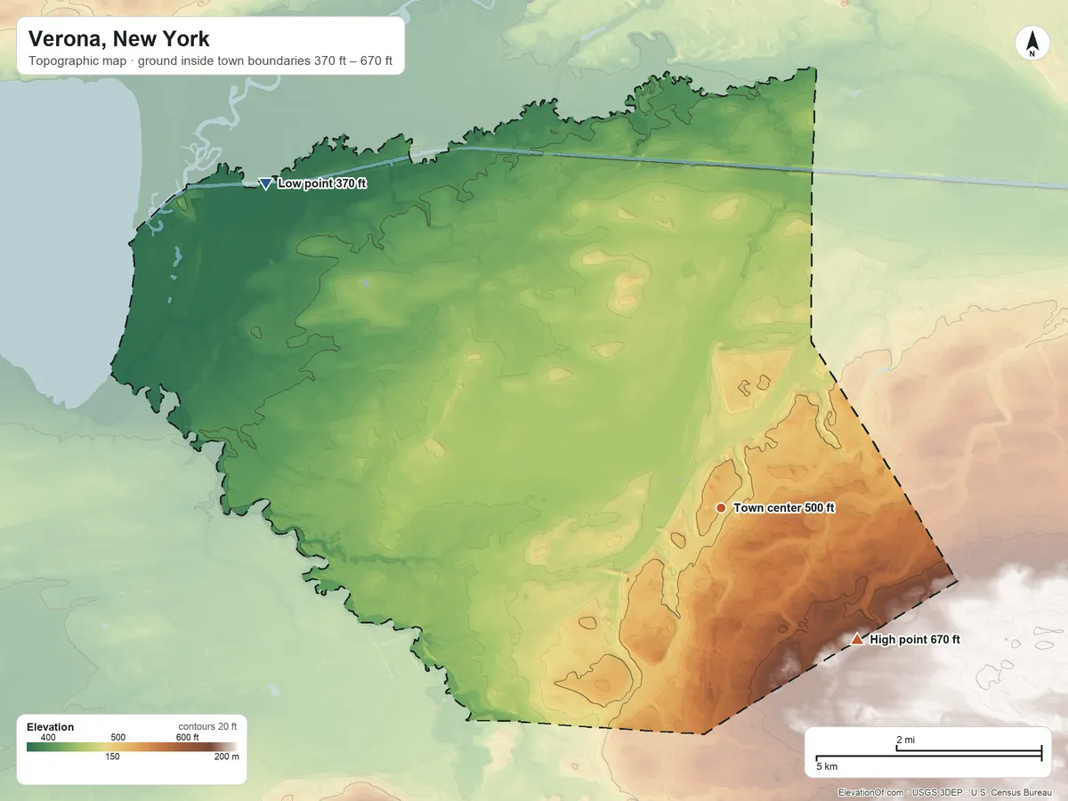 Topographic elevation map of Verona, New York, shaded from 370 ft on the northwest side to 670 ft on the southeast side