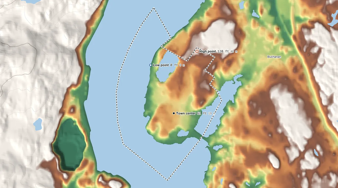 Topographic elevation map of Verplanck, New York, shaded from 0 ft on the northwest side to 120 ft at the foot of the Pocantico Hills