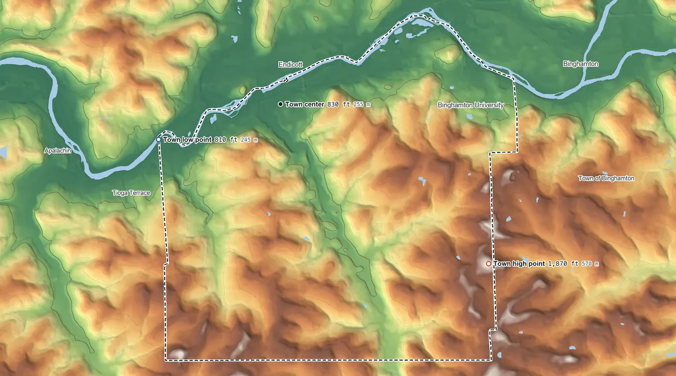 Topographic elevation map of Vestal, New York, shaded from 810 ft on the west side to 1,870 ft on the southeast side