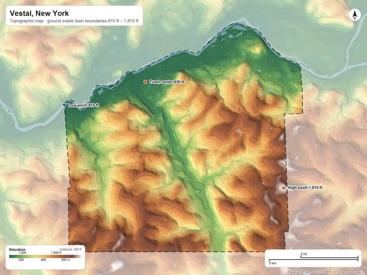 Topographic elevation map of Vestal, New York, shaded from 810 ft on the west side to 1,870 ft on the southeast side