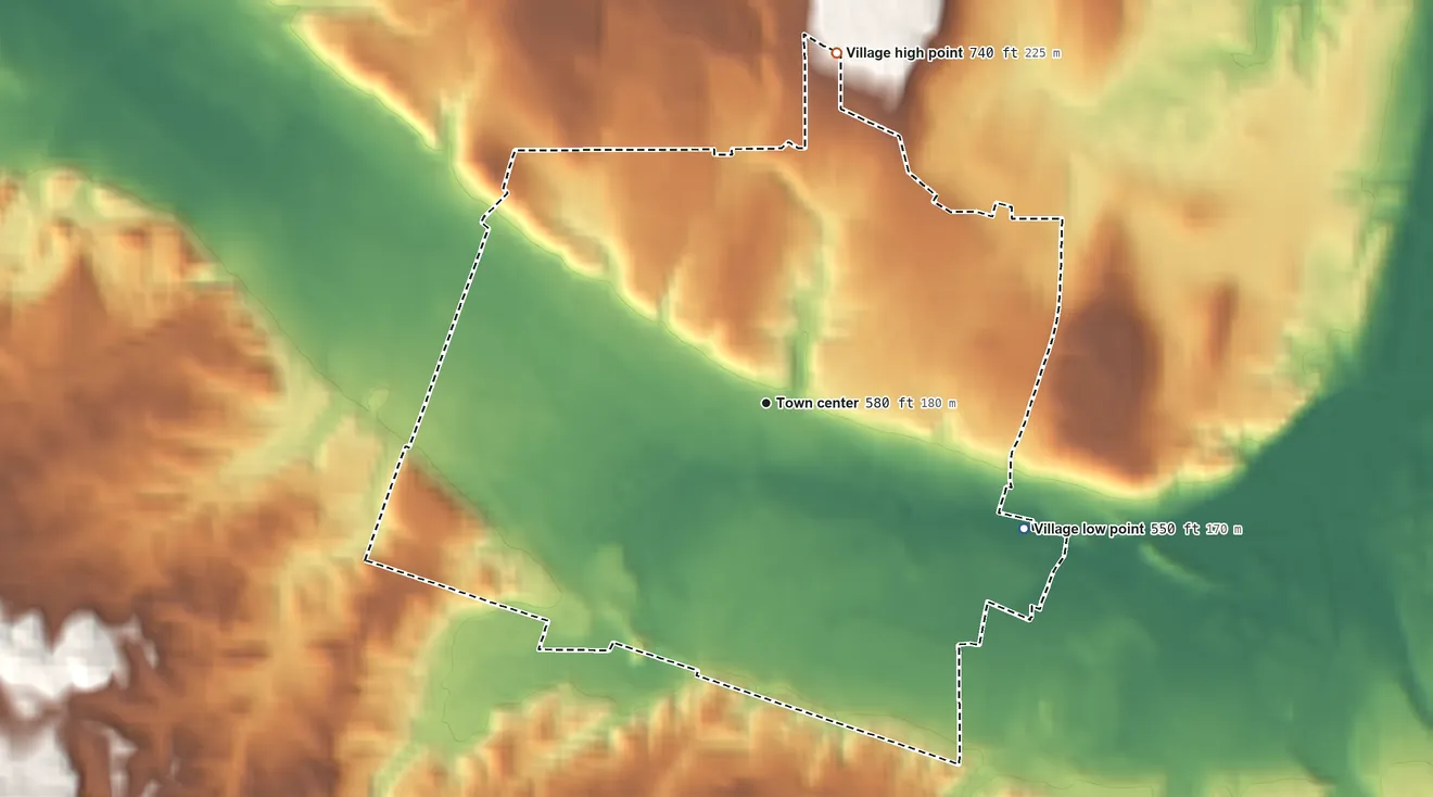 Topographic elevation map of Village of Victor, New York, shaded from 550 ft on the southeast side to 740 ft on the north side