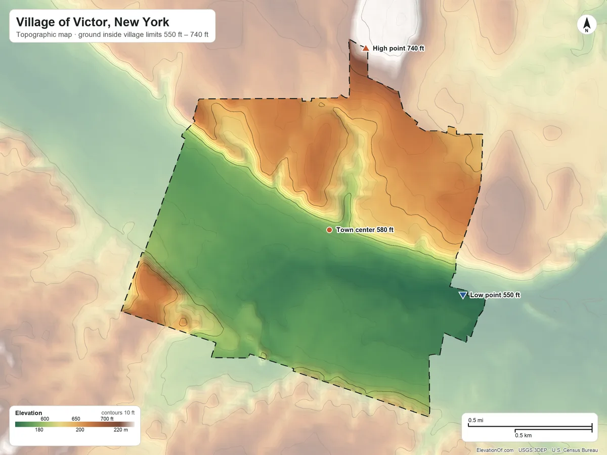 Topographic elevation map of Village of Victor, New York, shaded from 550 ft on the southeast side to 740 ft on the north side